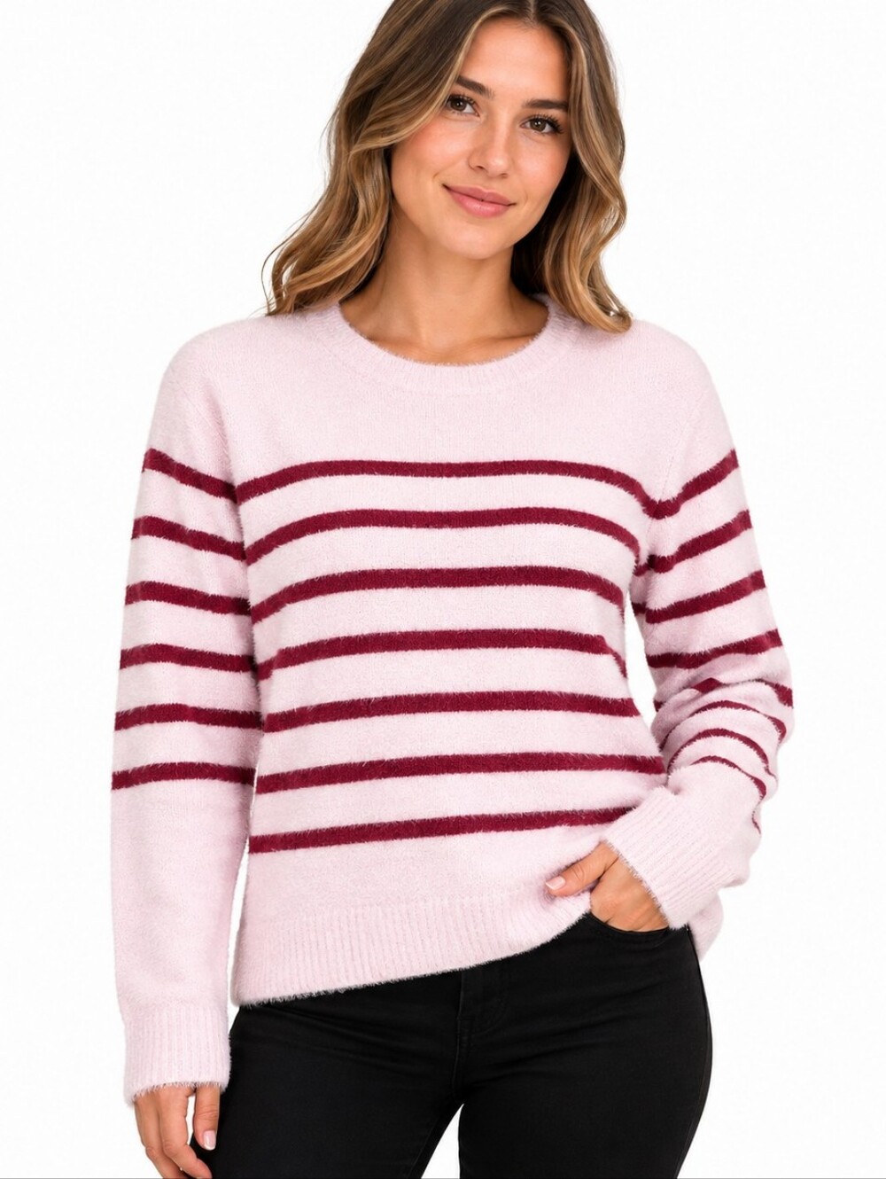 Bleu Gray Women's Pink & Burgundy Striped Eyelash Knit Fuzzy Sweater Size Medium
